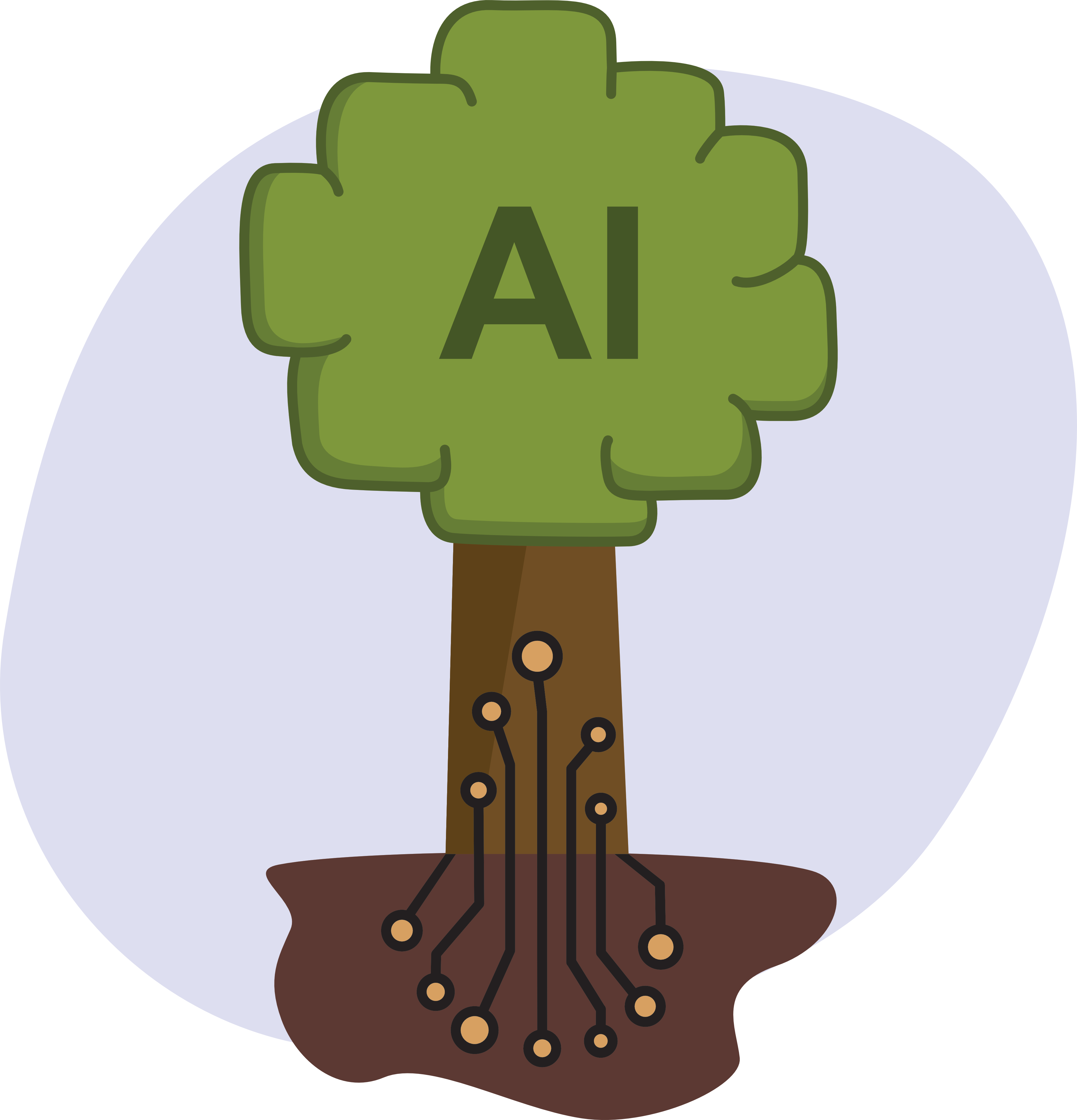 Gaia graphic of a AI tree connected to the earth with circuitry